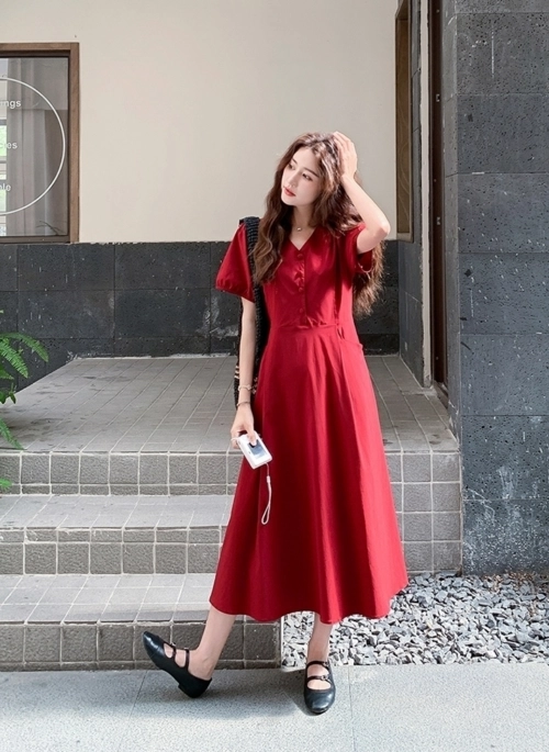 French Vintage Red V Neck Flowy Vacation Dress