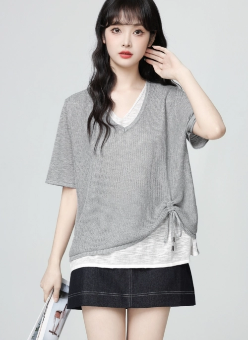 Gray Colorblock V Neck Drawstring Knit Short Sleeve Top