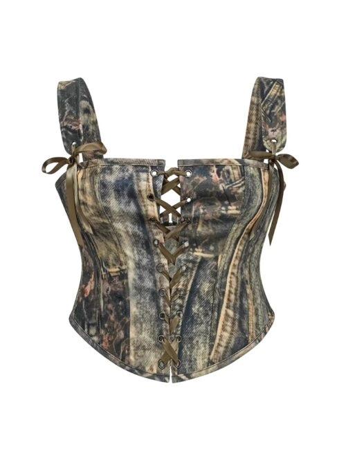 Green Denim Style Lace-Up Corset Top | Manon - KATSEYE