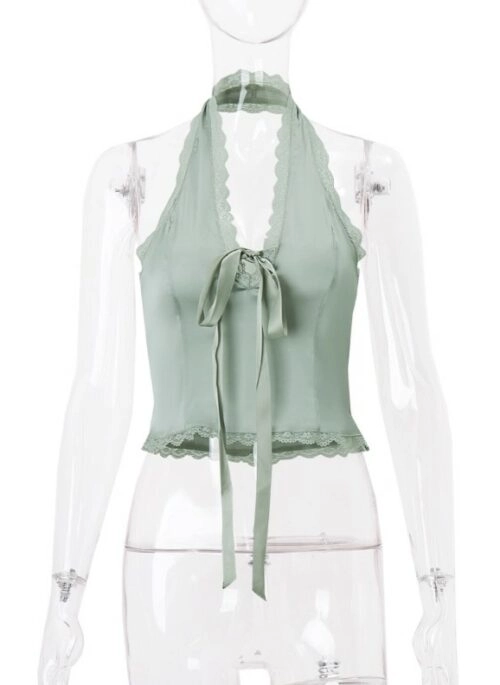 Green Lace Satin Halter Top | Sophia - KATSEYE