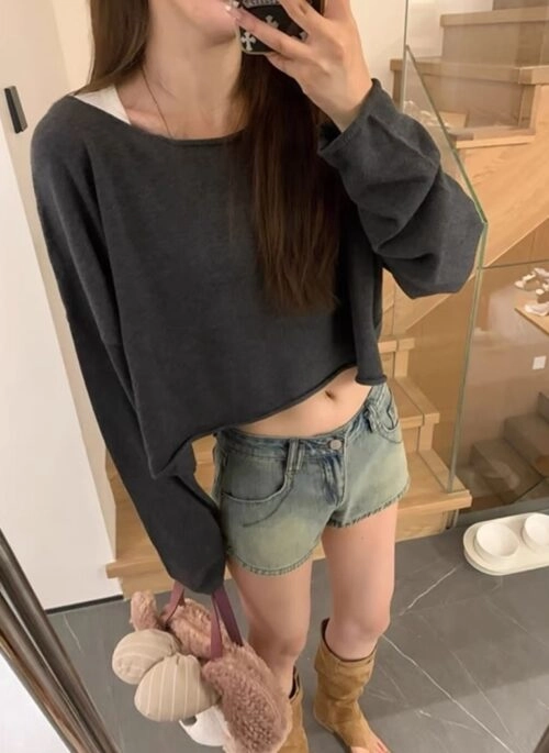 Grey Boatneck Crop Sweater | Somi