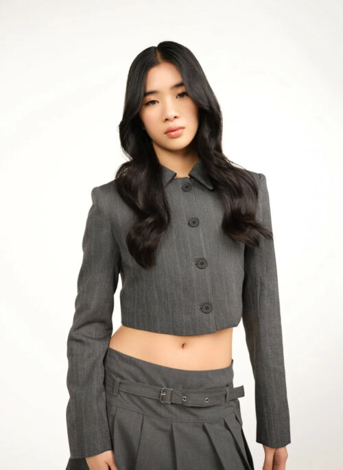 Grey Collared Button-Up Jacket | Sophia - KATSEYE