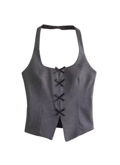 Grey Mini Bows Halter Top | Manon - KATSEYE