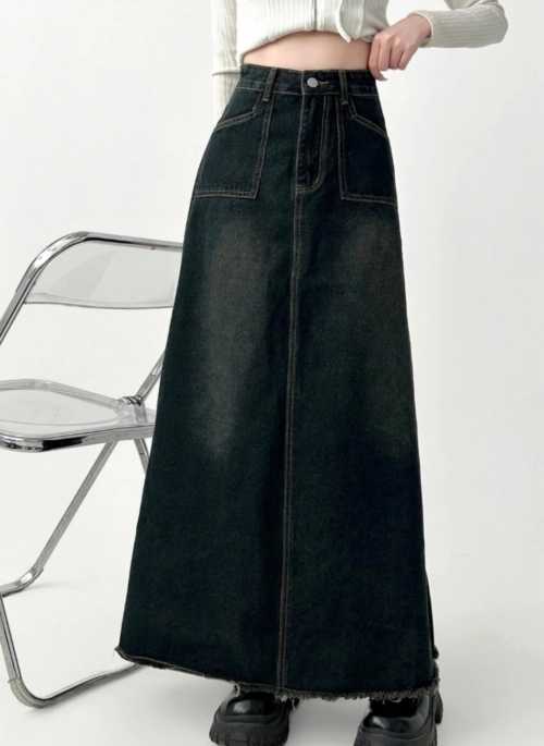 High Waist Denim Midi A Line Skirt