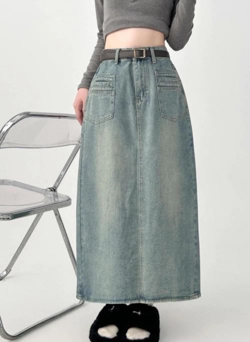 High Waist Denim Split Hem Maxi Skirt