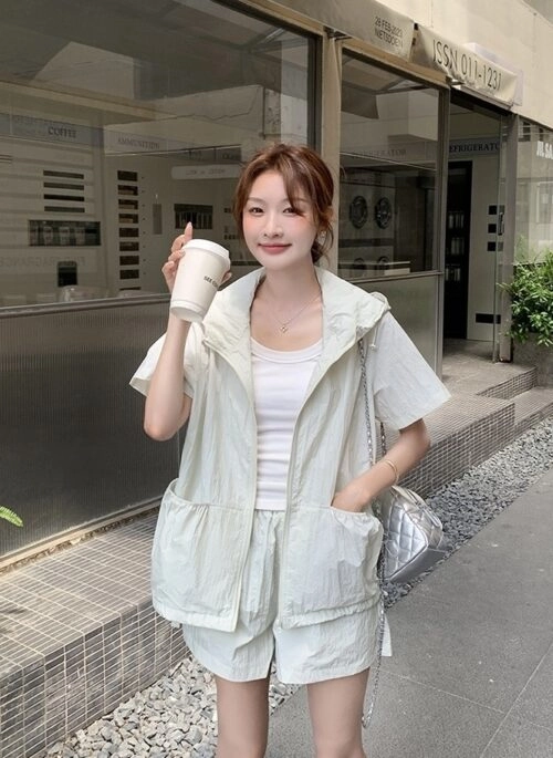 Hooded Drawstring Casual Sun Protection Outfit Set