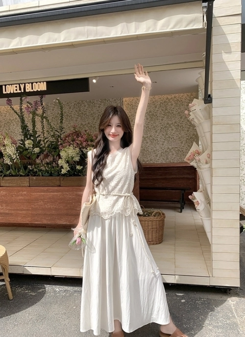 Lace Trim Sleeveless Dress And Vest Set