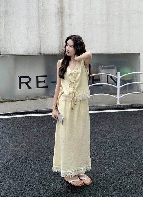 Light Yellow French Style Fringe Vest Skirt Set