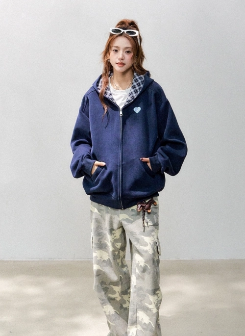 Plaid Embroidered Patchwork Sweatshirt Jacket
