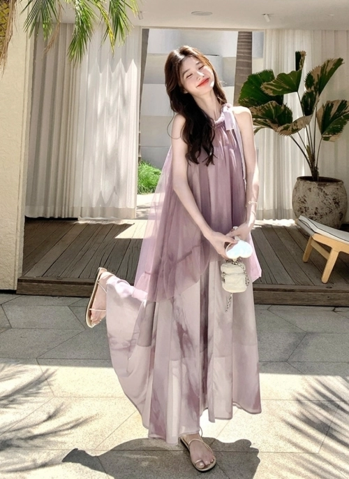 Purple Tie Dye Halter Layered Off Shoulder Maxi Dress