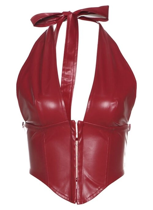 Red Faux Leather Halter Corset Top | Somi