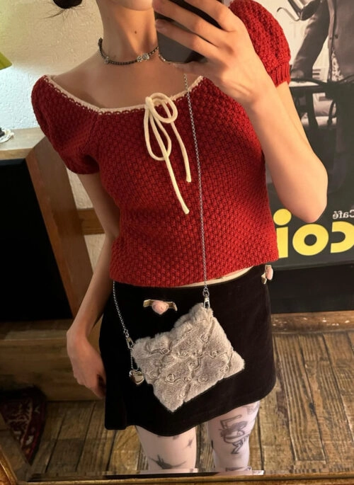 Red Puff Sleeve Tie-Front Knit Top | Eunchae - Le Sserafim
