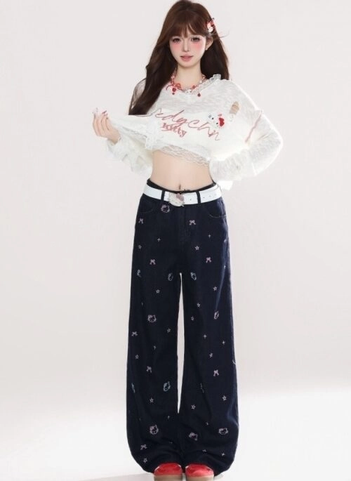 Vintage Kitty Embroidered Washed Wide Leg Jeans