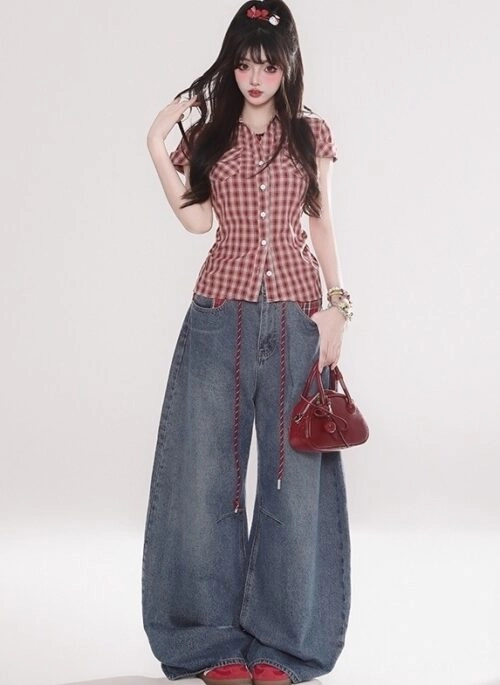 Vintage Patchwork Drawstring Wide Leg Denim Pants