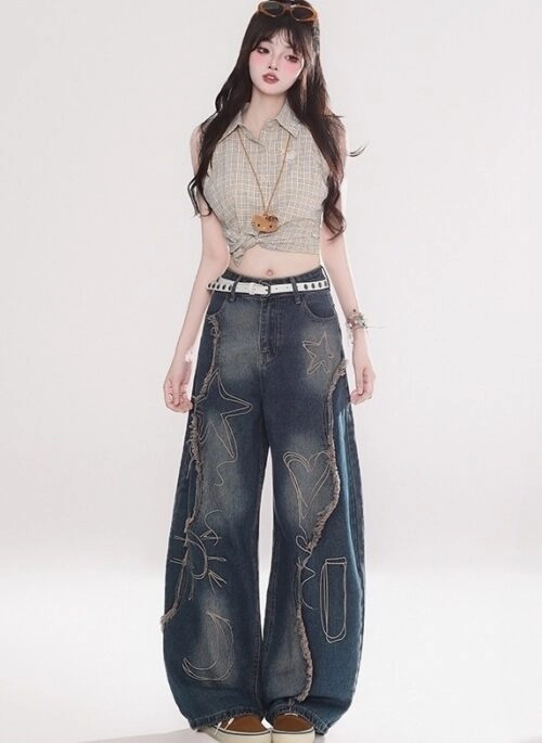Vintage Plaid Embroidered Sleeveless Shirt Waist Slimming