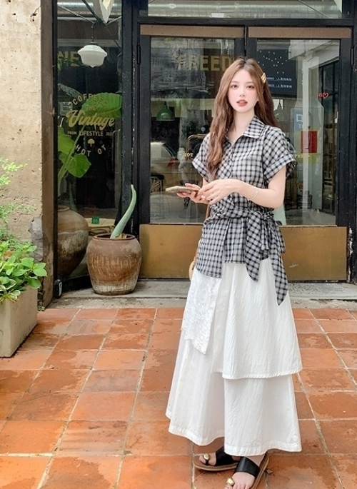 Vintage Plaid Short Sleeve Shirt And Skirt Set