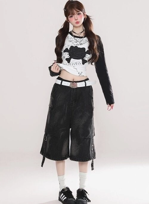 Vintage Ruched Lace Up Denim Shorts Relaxed Fit