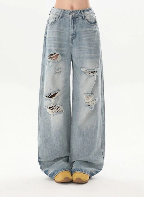 Vintage Washed Distressed Wide Leg Denim Pants