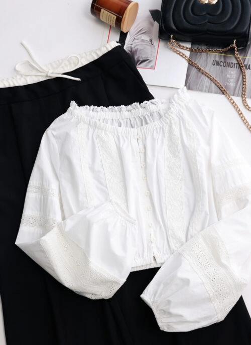 White Lace-Trim Long Sleeve Crop Top | Winter – Aespa