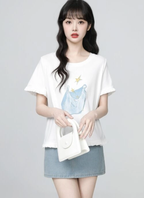 White Ruffle Sleeve Printed Loose Crewneck Tee