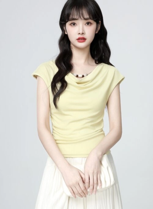 Yellow Ruched Waist Short Sleeve Top