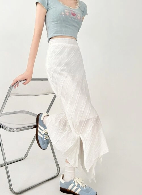 Asymmetrical White Flowy Mermaid Skirt Summer