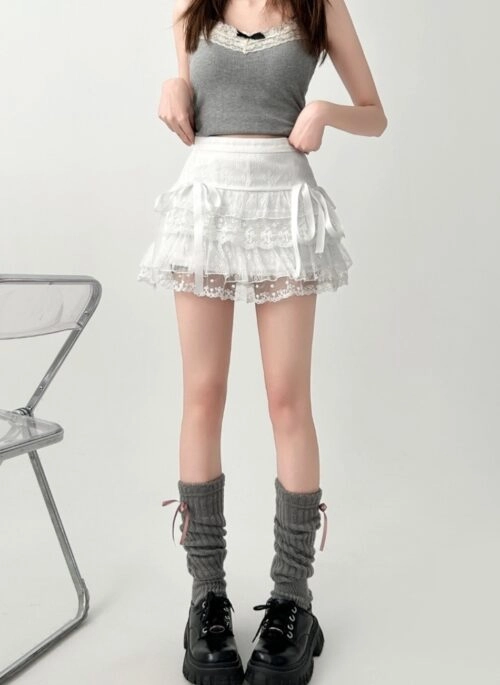 Ballet Style Lace Ruffle Bow White Skirt