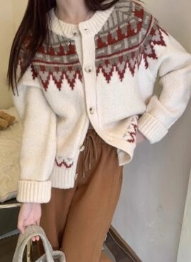 Beige Aztec Pattern Warm Cardigan | Park Seong Ah – Head Over Heels