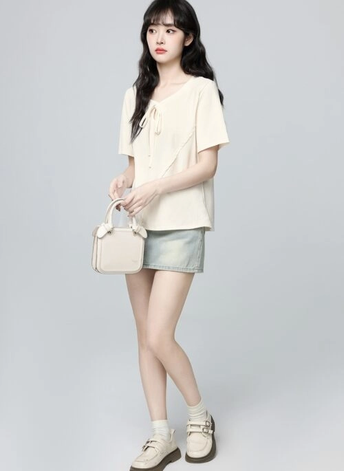 Beige Irregular Neck Short Sleeve Tie Hollow Top