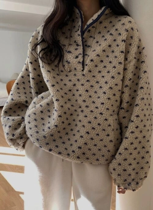 Beige Polka Dots Faux Fleece Jacket | Kang Hui Ji – Law And The City
