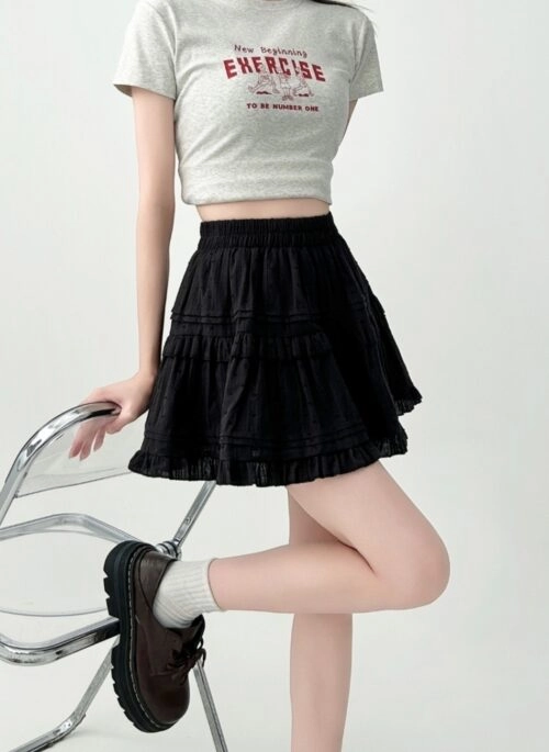 Beige Ruffled High Waist A Line Mini Skirt