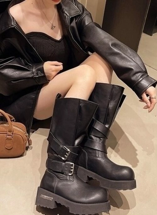 Black Faux Leather Loose Tube Buckled Boots | Leeseo – IVE