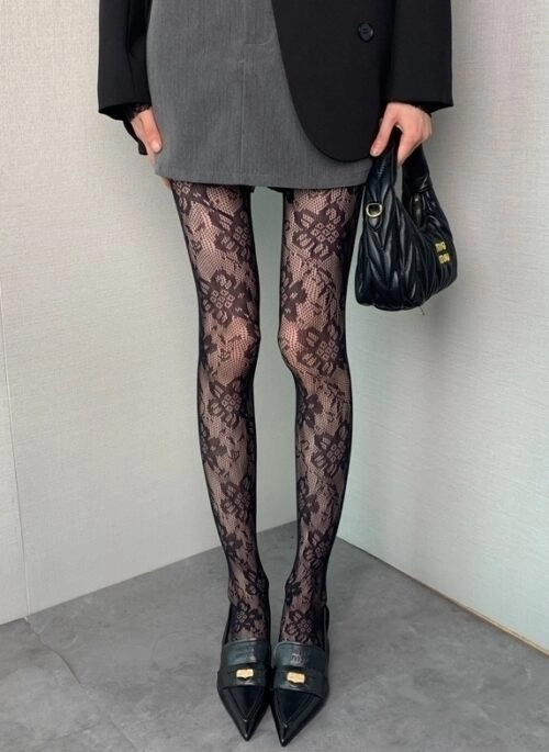 Black Flower Lace Pattern Stockings | Winter - Aespa