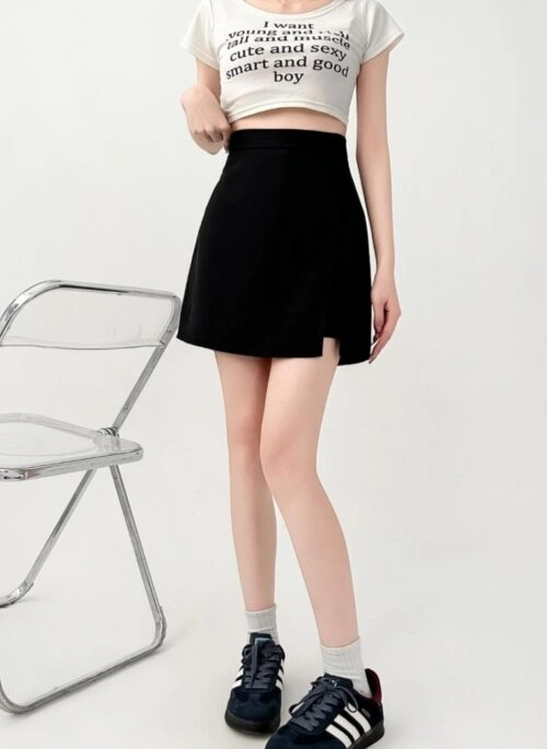 Black High Waist A Line Slit Short Skirt