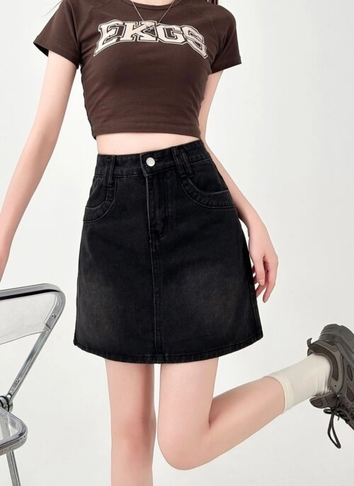 Black High Waist Denim A Line Skirt