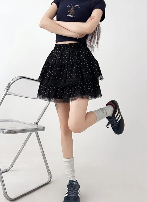 Black Lace Floral Ruffle High Waist Skirt