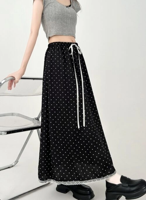 Black Lace Polka Dot Chiffon A Line Skirt