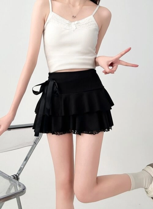 Black Lace Ruffle Skirt With Irregular Hem