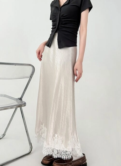 Black Lace Trim Satin Mermaid Midi Skirt