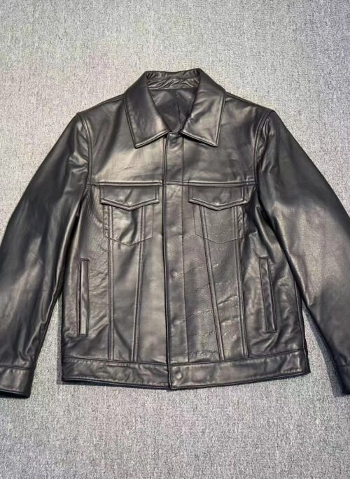 Black Leather Snap Button Jacket | Suga – BTS