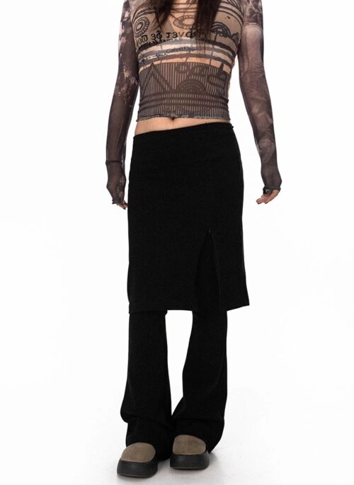 Black Overlap Skirt Flare Pants | Jennie- BlackPink
