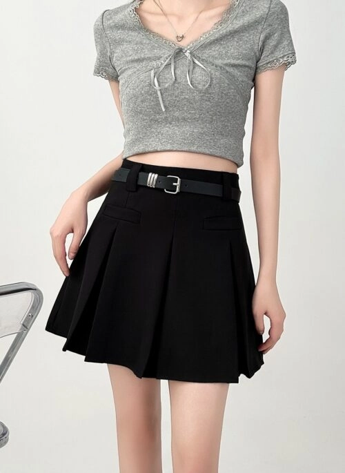 Black Pleated A Line Skirt Slim Fit