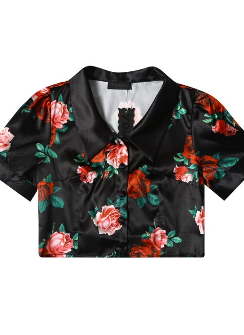 Black Satin Rose Print Crop Shirt | Joy – Red Velvet