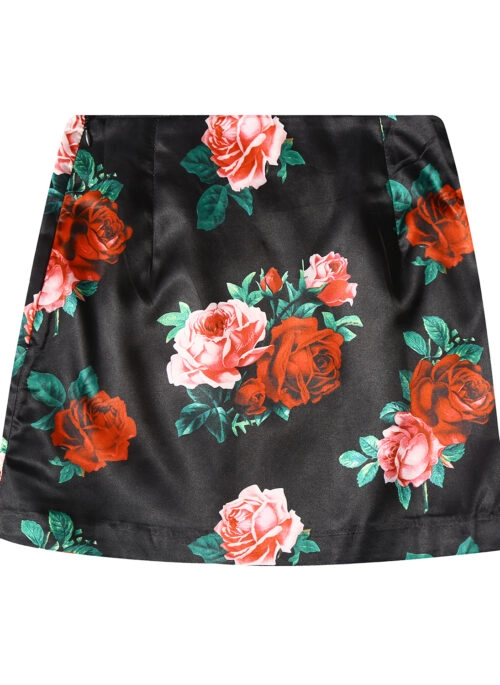 Black Satin Rose Print Mini Skirt | Joy - Red Velvet