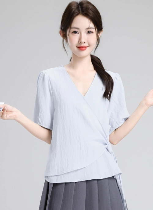 Blue Asymmetrical Short Sleeve Tie Waist Shirt