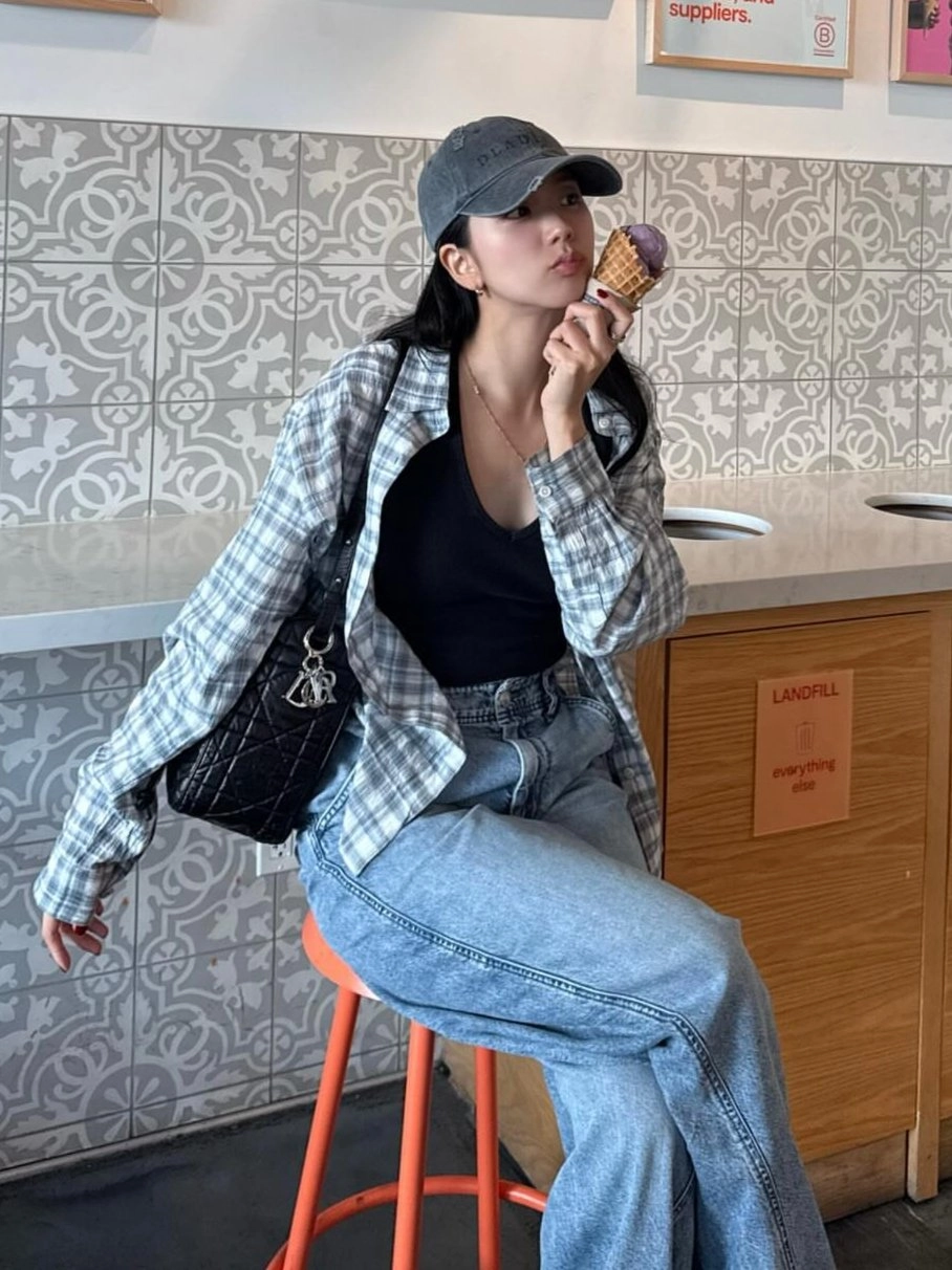 Flannel Streetwear Outfit Girls Blue Checkered Casual Flannel