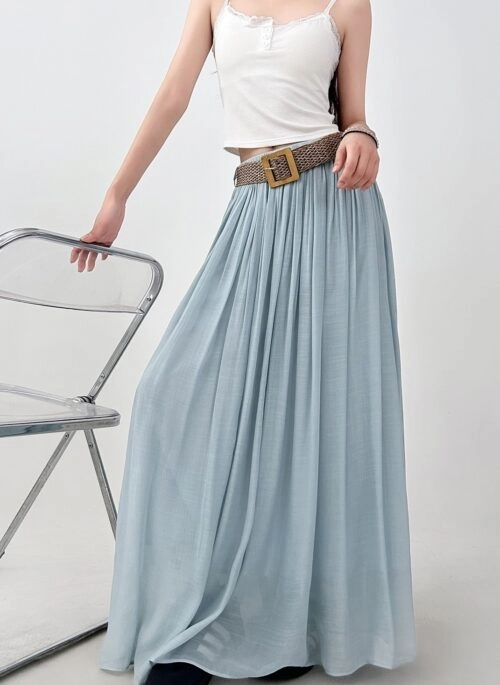 Blue Cotton Linen High Waist Flare Midi Skirt