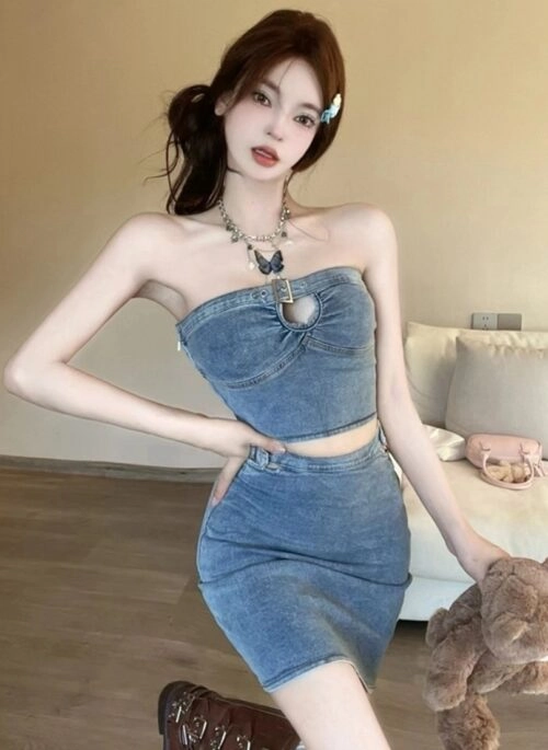 Blue Denim Bustier Cut-Out Tube Set | Giselle - Aespa