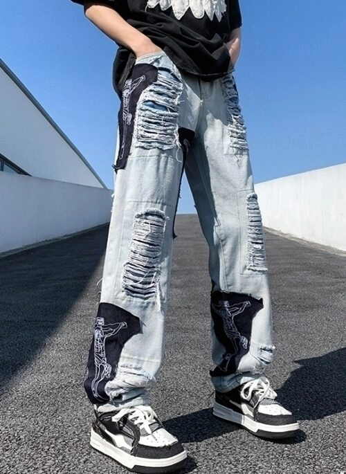 Blue Distressed Patchwork Jeans | Yeonjun – TXT