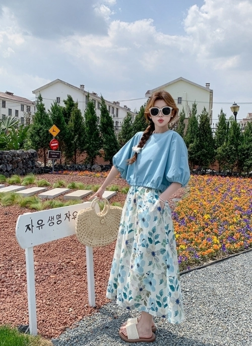 Blue Floral Top And Skirt Set